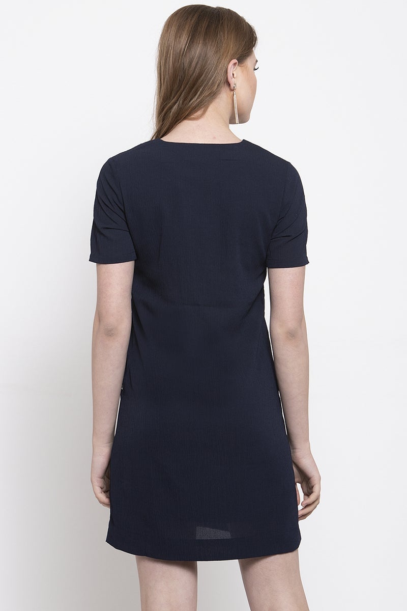 Navy Blue Knee Length V-Neck Polyester Dress