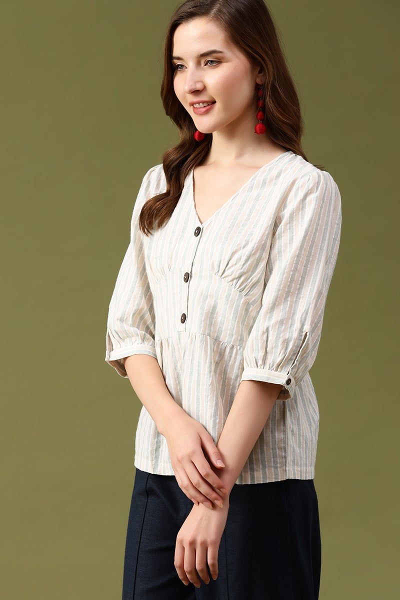Gipsy Beige Vertical Stripes Cotton Top
