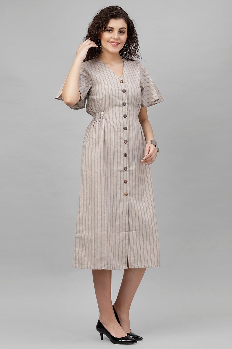 Gipsy Beige Vertical Striped Polyester Dress
