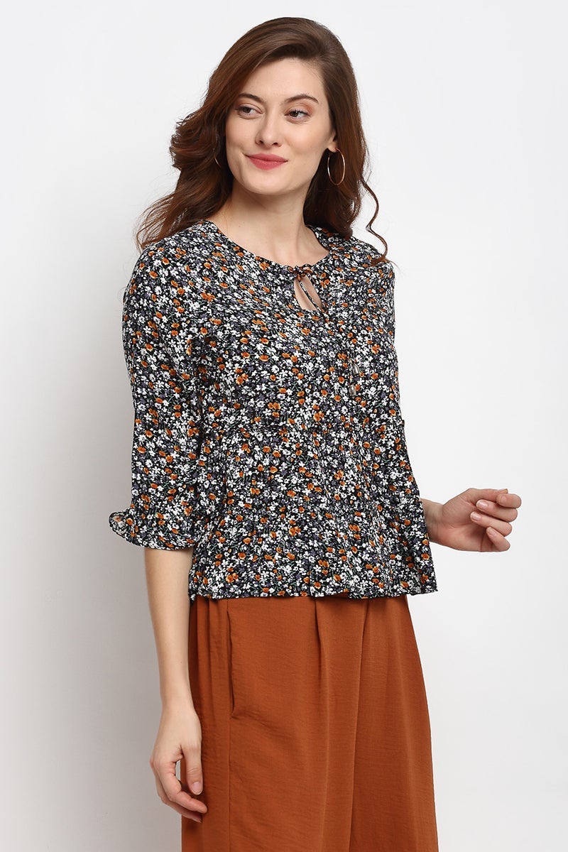 Black Medium Length Tie - Up Rayon Crepe Blouse