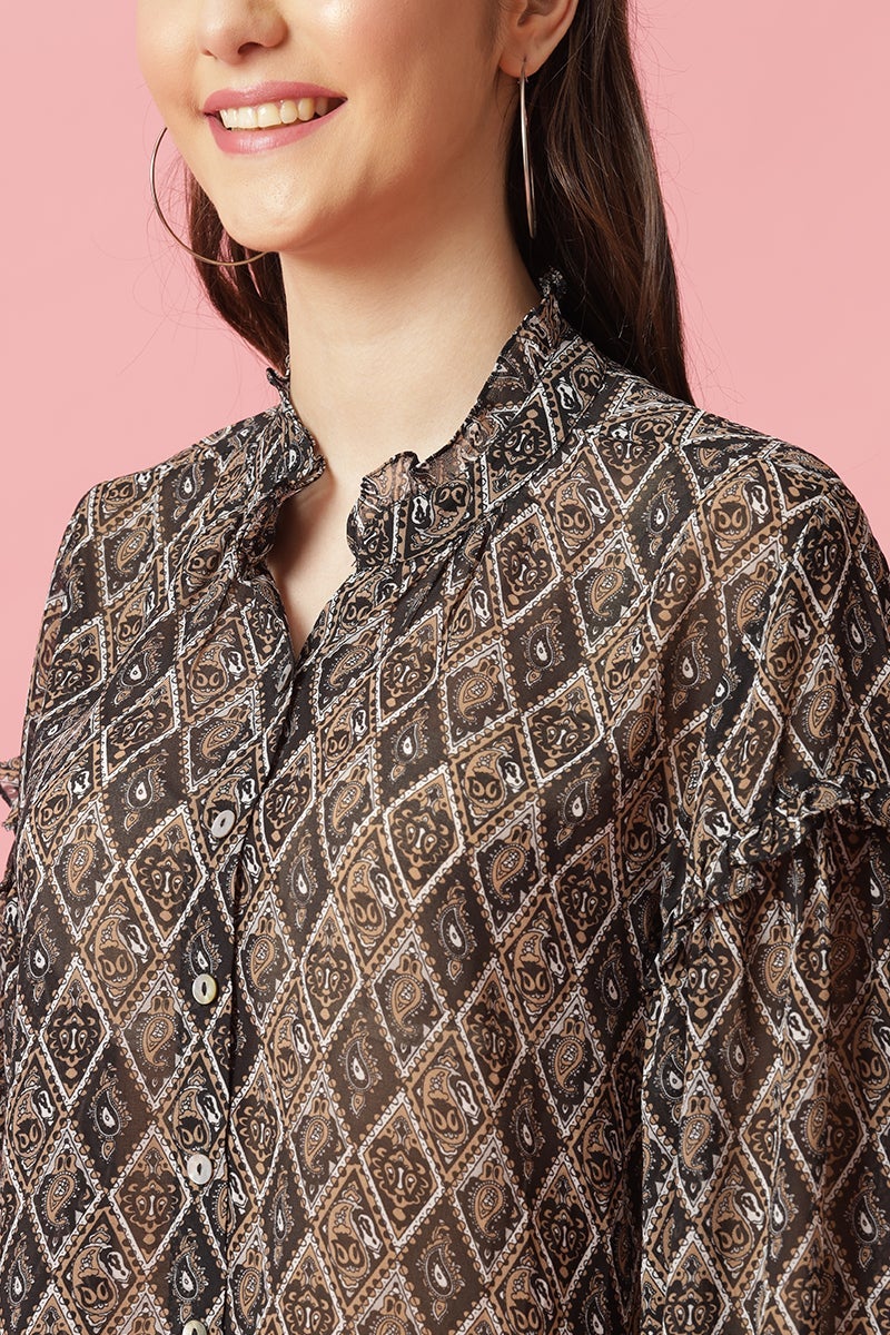 Gipsy Black Medium Length Round Neck Polyester Blouse