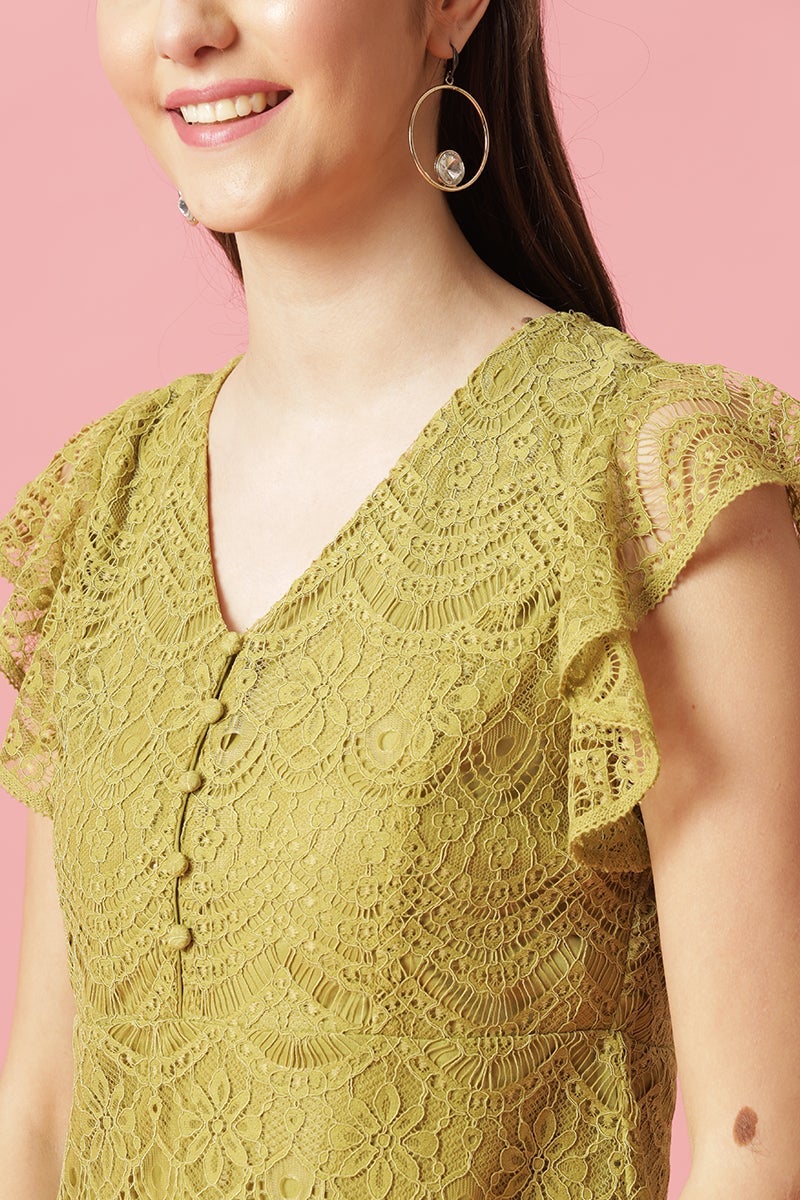 Gipsy Lime Green Medium Length V-Neck Polyester Blouse