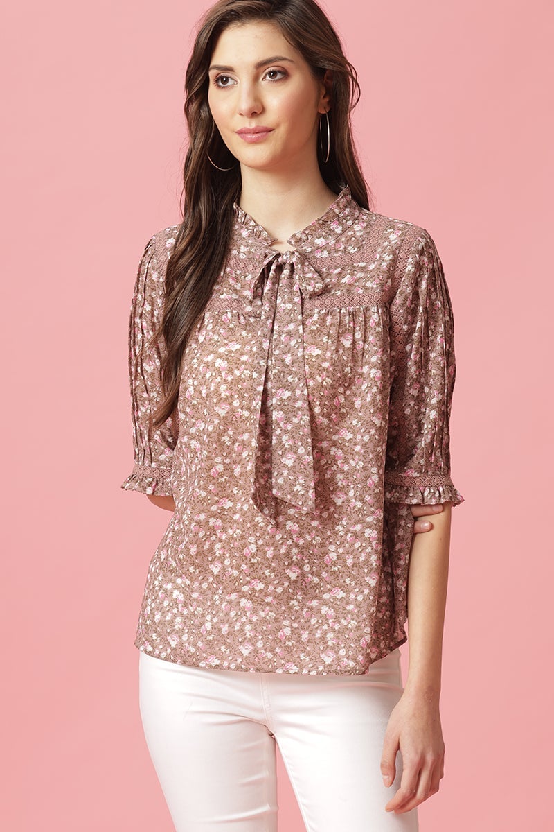 Brown Medium Length Tie-Up Neck Polyester Blouse