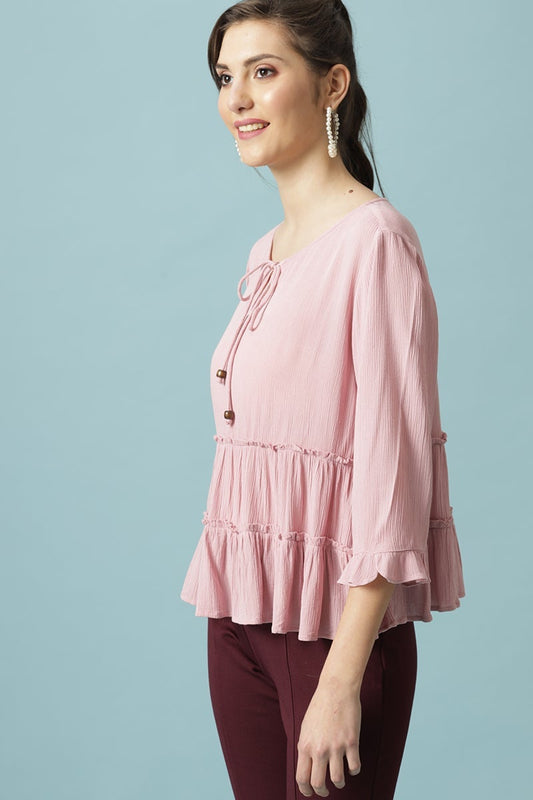Gipsy Pink Medium Length Round Neck Viscose Rayon Blouse