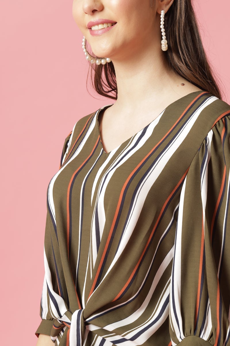 Gipsy Olive Medium Length V-Neck Polyester Blouse