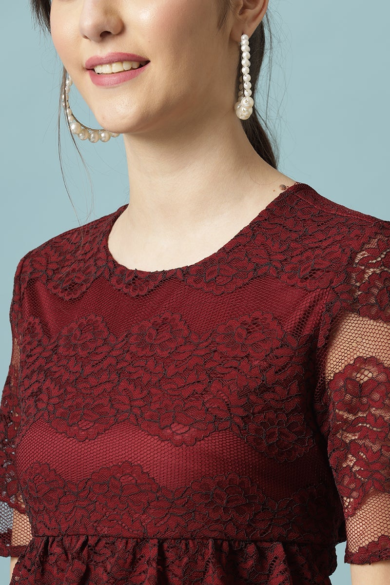 Gipsy Maroon Medium Length Round Neck Polyester Blouse