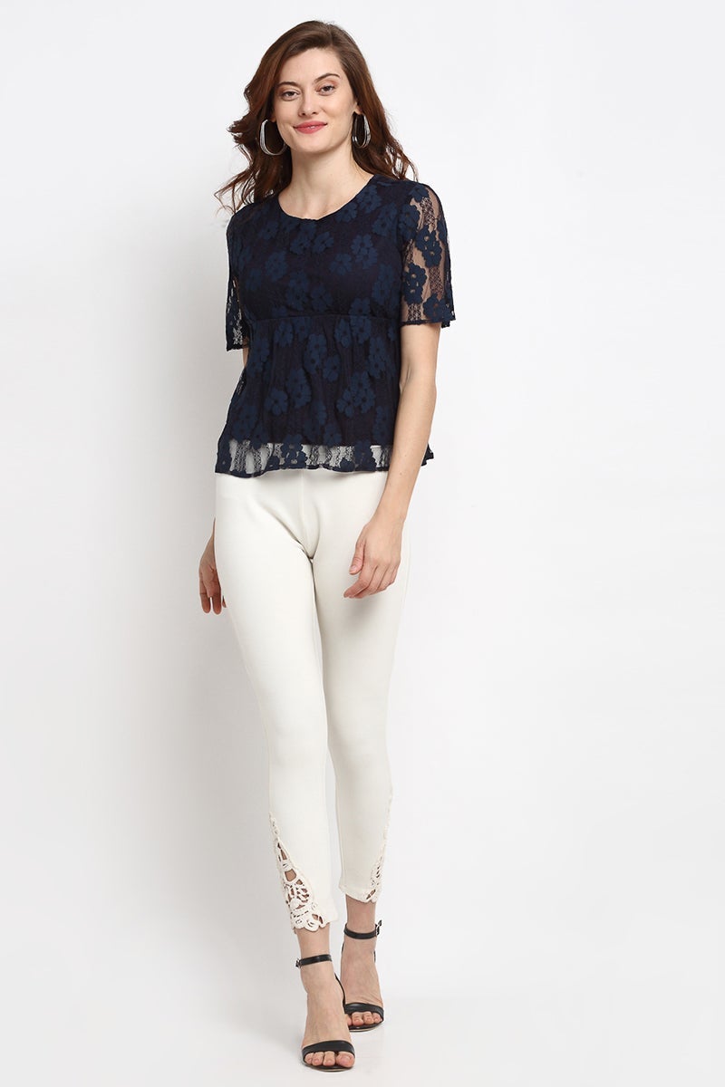 Navy Blue Medium Length Round Neck Polyester Blouse