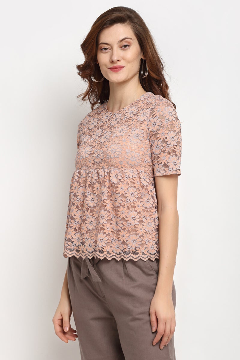 Peach Medium Length Round Neck Polyester Blouse