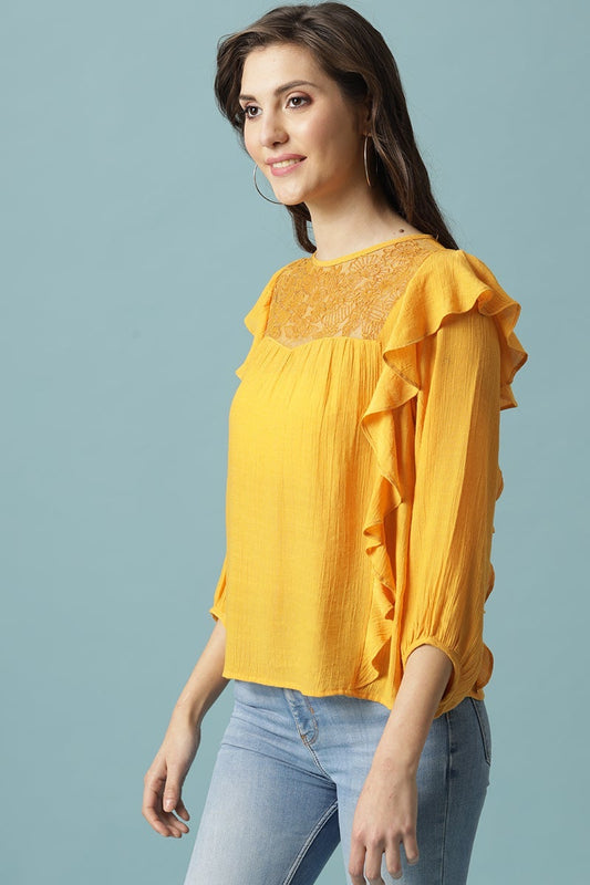 Gipsy Mustard Medium Length Round Neck Polyester Blouse