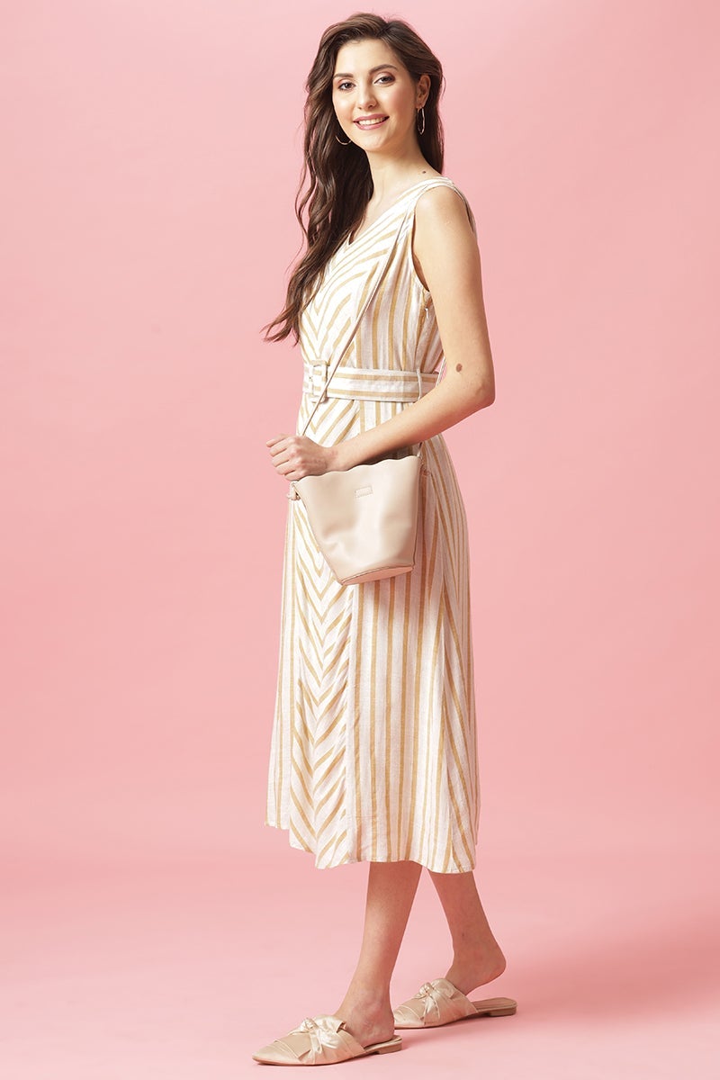 Mustard Midi Length Round Neck Cotton Dress