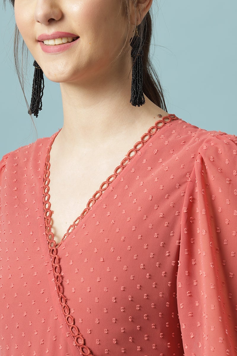 Gipsy Brick Pink Midi Length V-Neck Polyester Dress