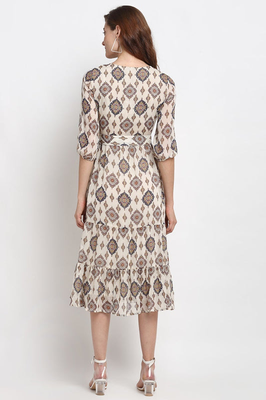 Cream Midi Length Round Neck Polyester Dress