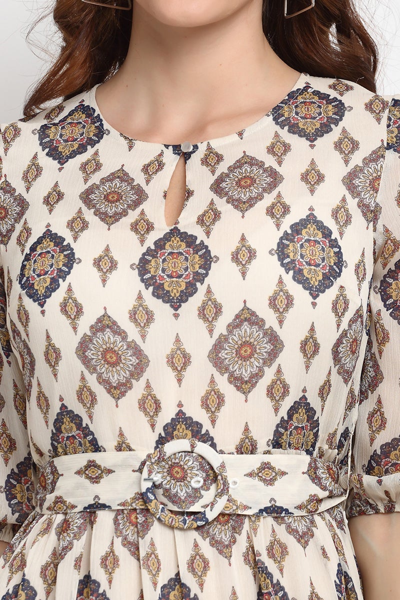 Cream Midi Length Round Neck Polyester Dress
