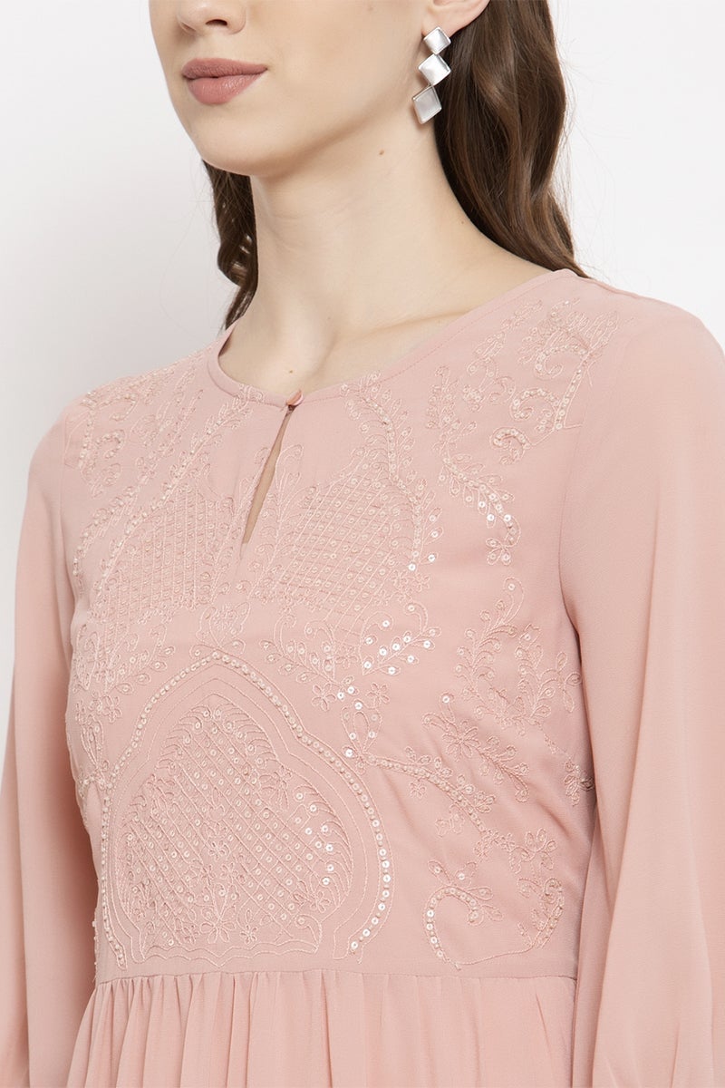 Gipsy Dusky Pink Midi Length Round Neck Georgette Dress
