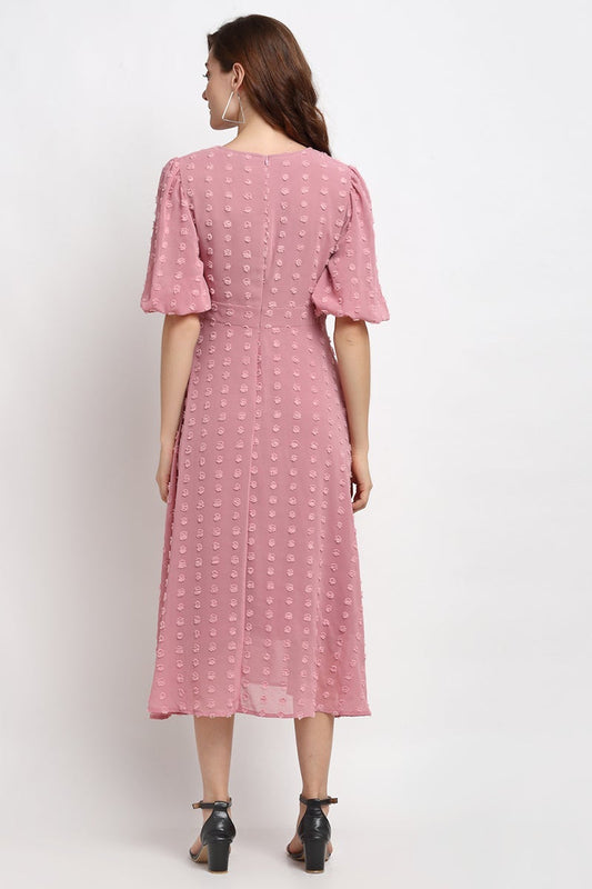 Brick Pink Midi Length Round Neck Georgette Dress