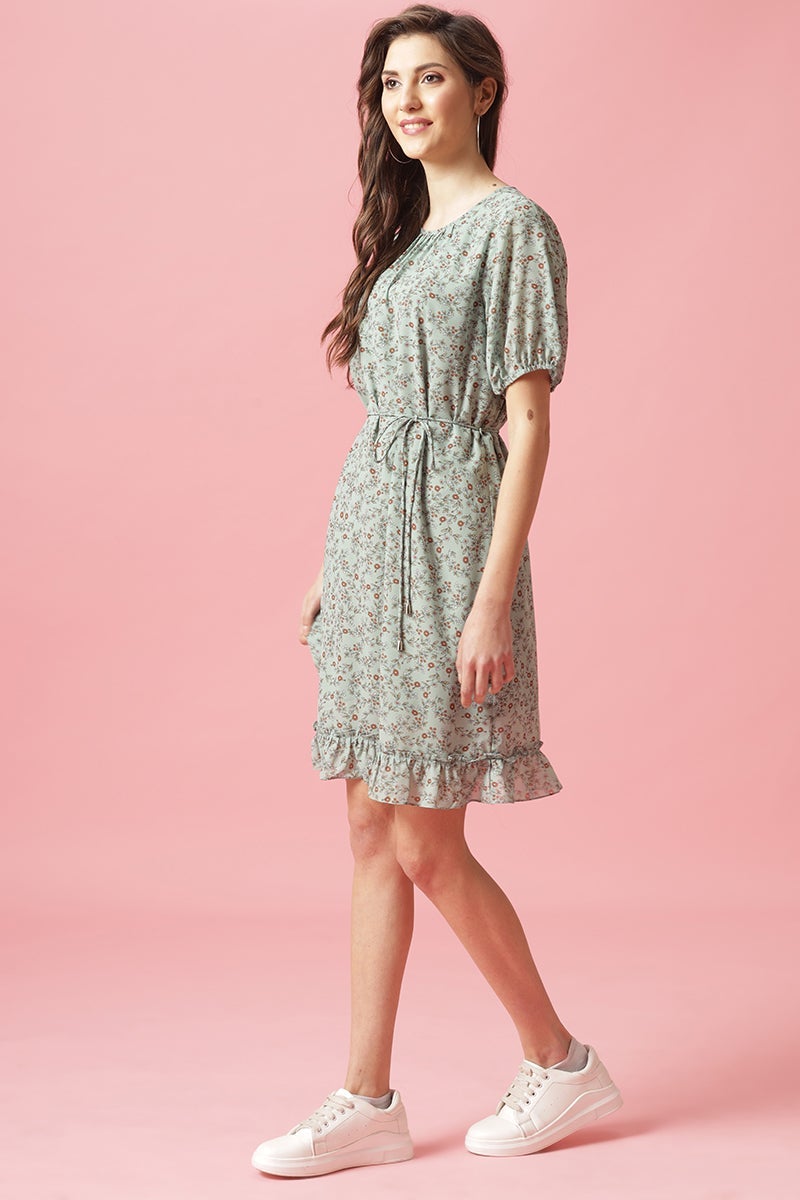 Gipsy Green Knee Length Round Neck Georgette Dress
