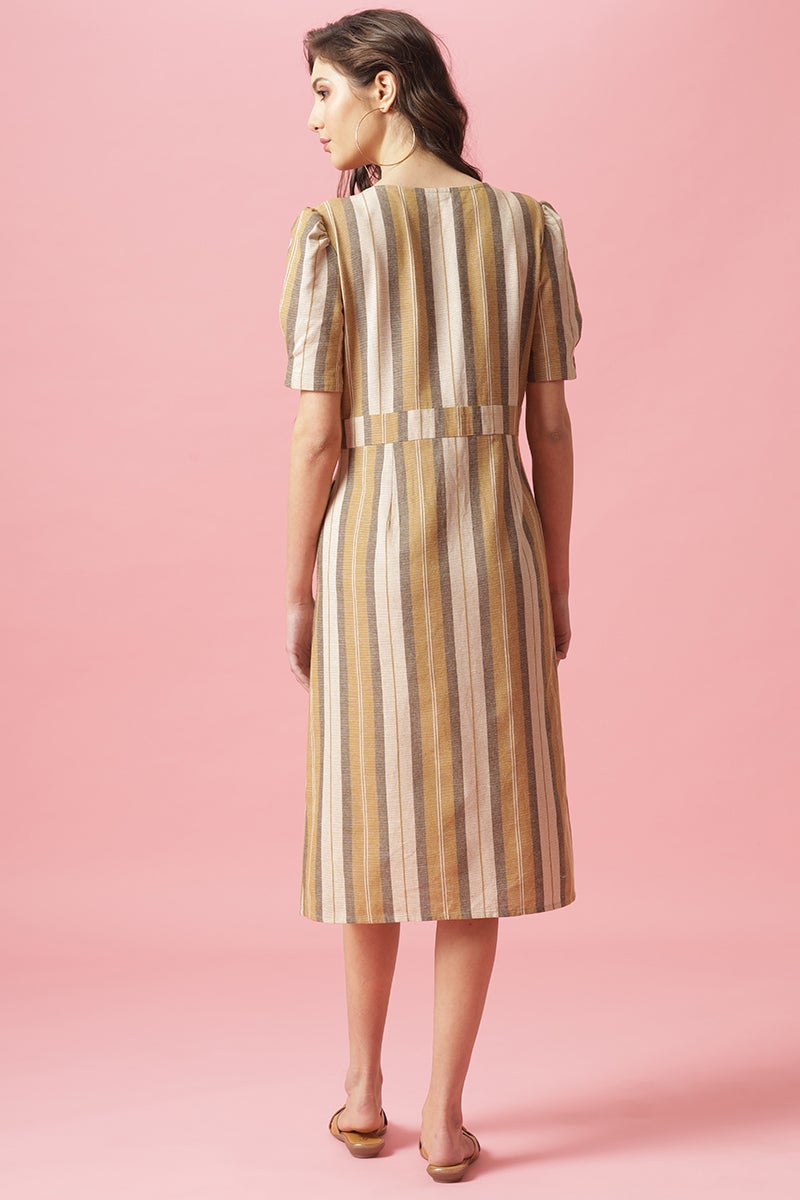 Gipsy Mustard Midi Length V-Neck Cotton Dress