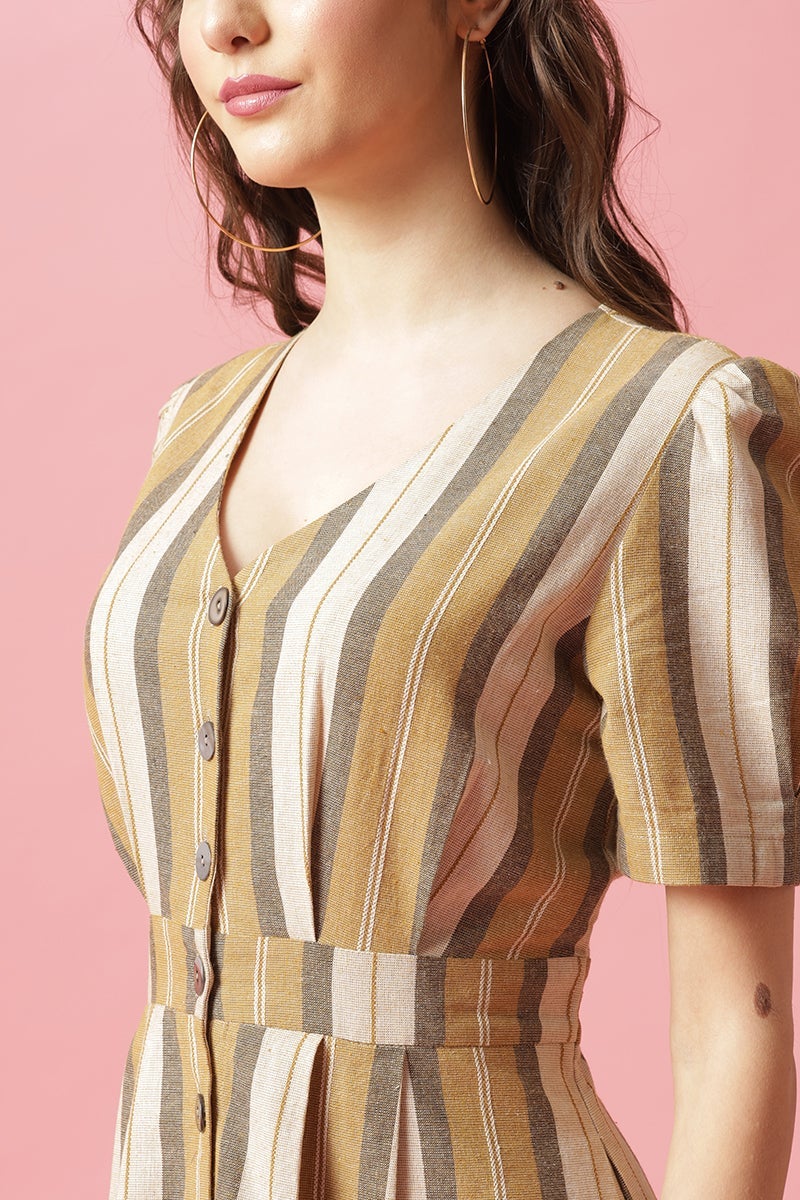 Gipsy Mustard Midi Length V-Neck Cotton Dress