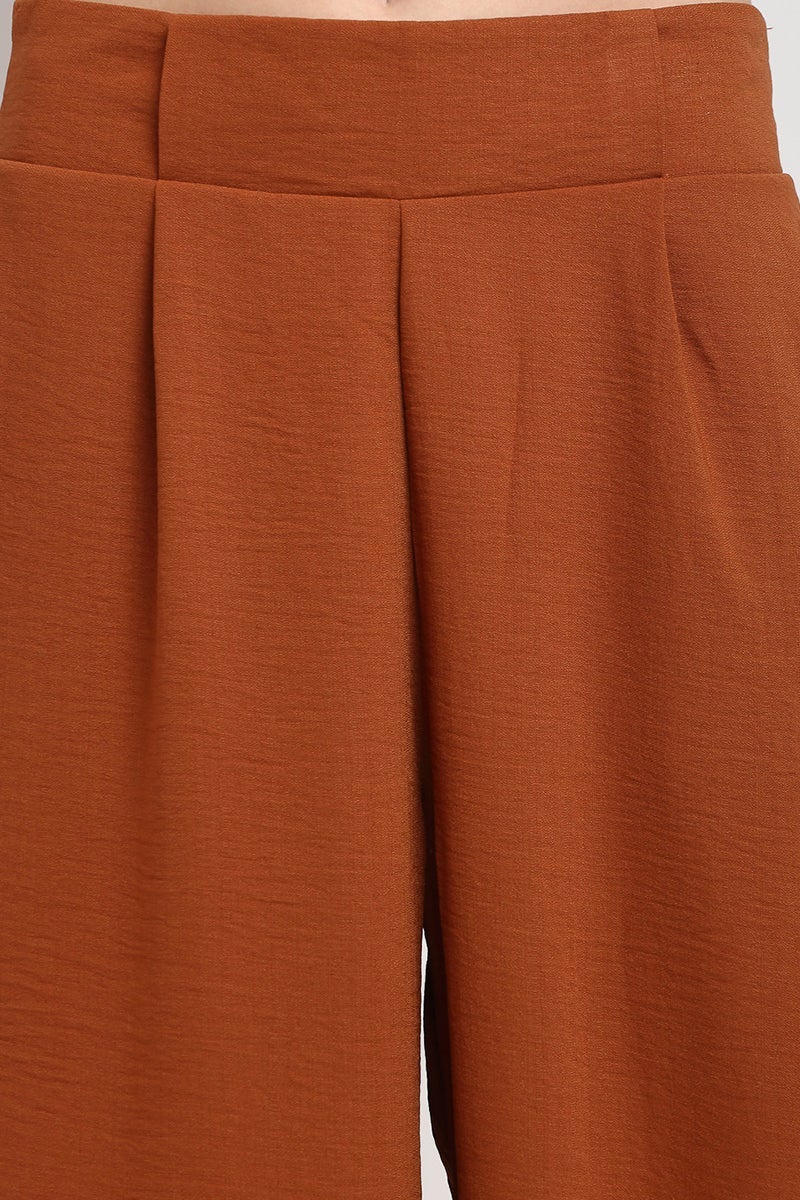 Brown Ankle Length Solid Linen Pant