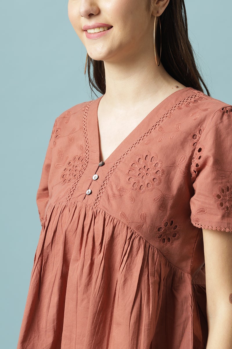Gipsy Rust Medium Length V- Neck Cotton Tunic