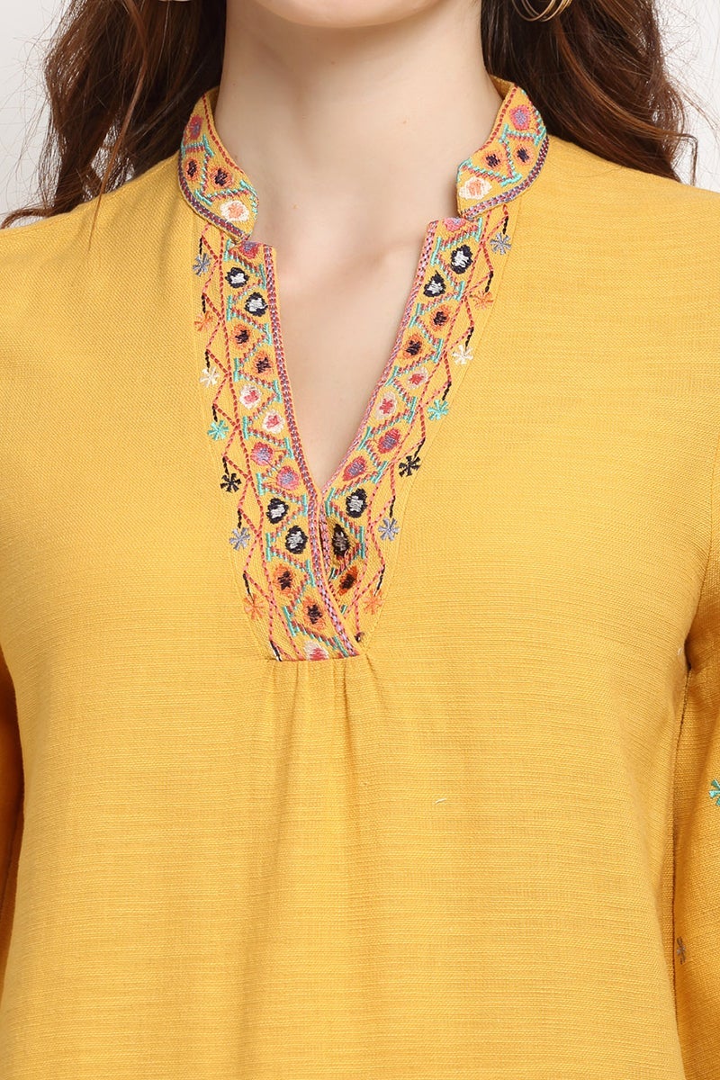 Yellow Medium Length V-Neck Cotton Tunic