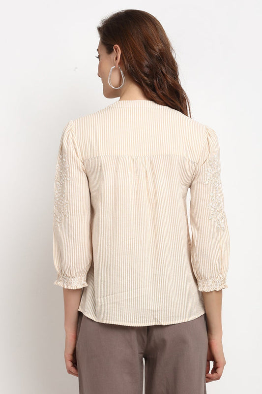 Mustard Medium Length V-Neck Cotton Stripe Tunic