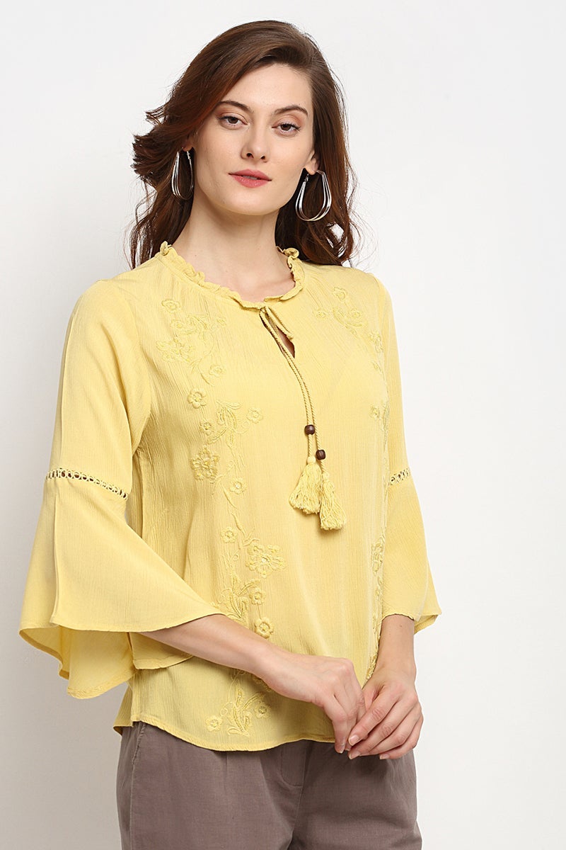 Yellow Medium Length Tie - Up Rayon Crepe Tunic