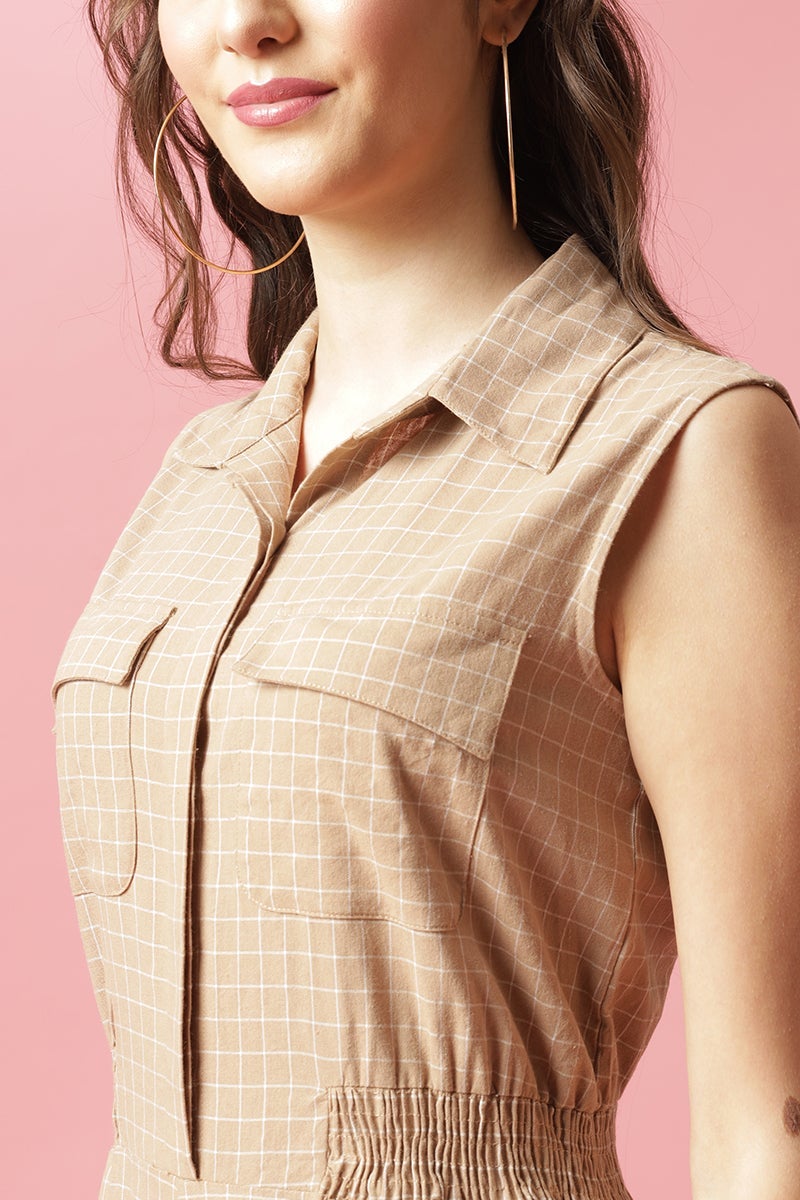 Gipsy Beige Ankle Length Shirt Collar Cotton Jumpsuit