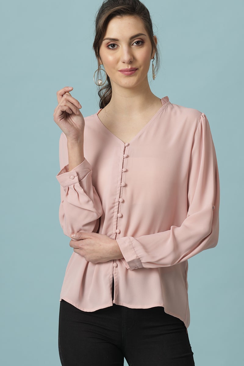 Gipsy Dusky Pink Medium Length V- Neck Polyester Tunic