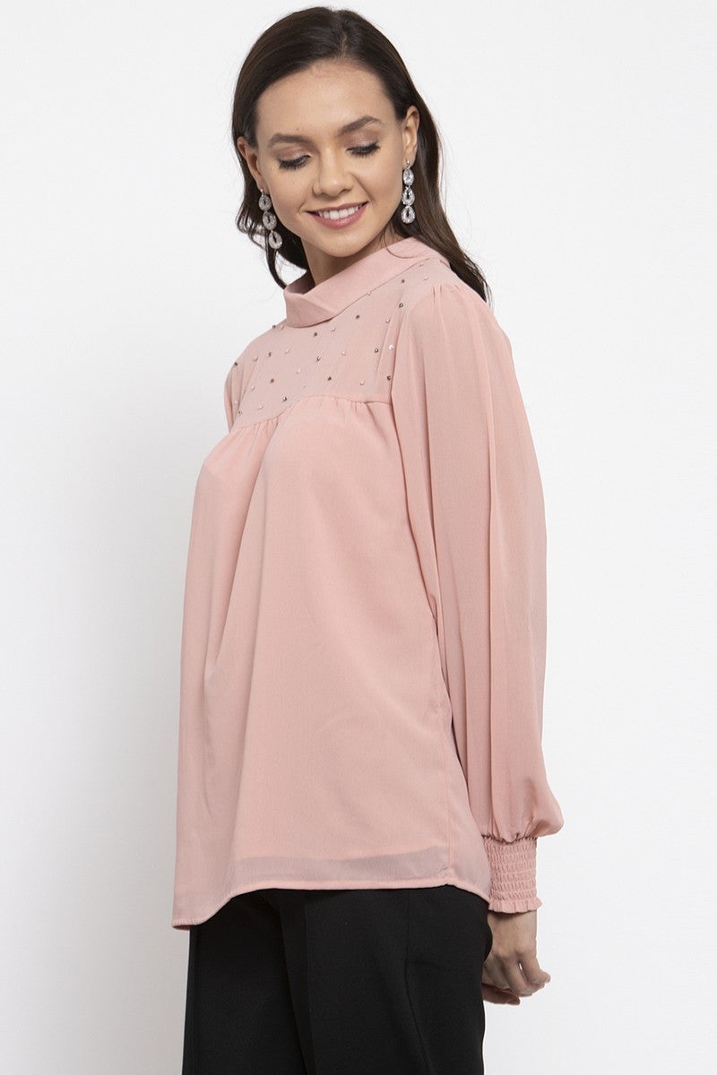 Gipsy Women Choker Neck Long Sleeves Self Design Pink Color Tops