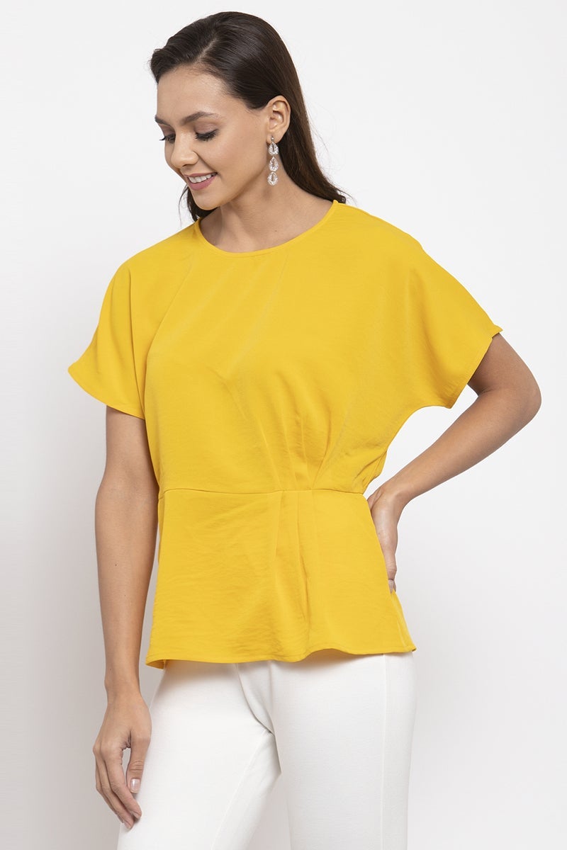 Gipsy Women Round Neck Short Sleeves Solid Yellow Color Tops