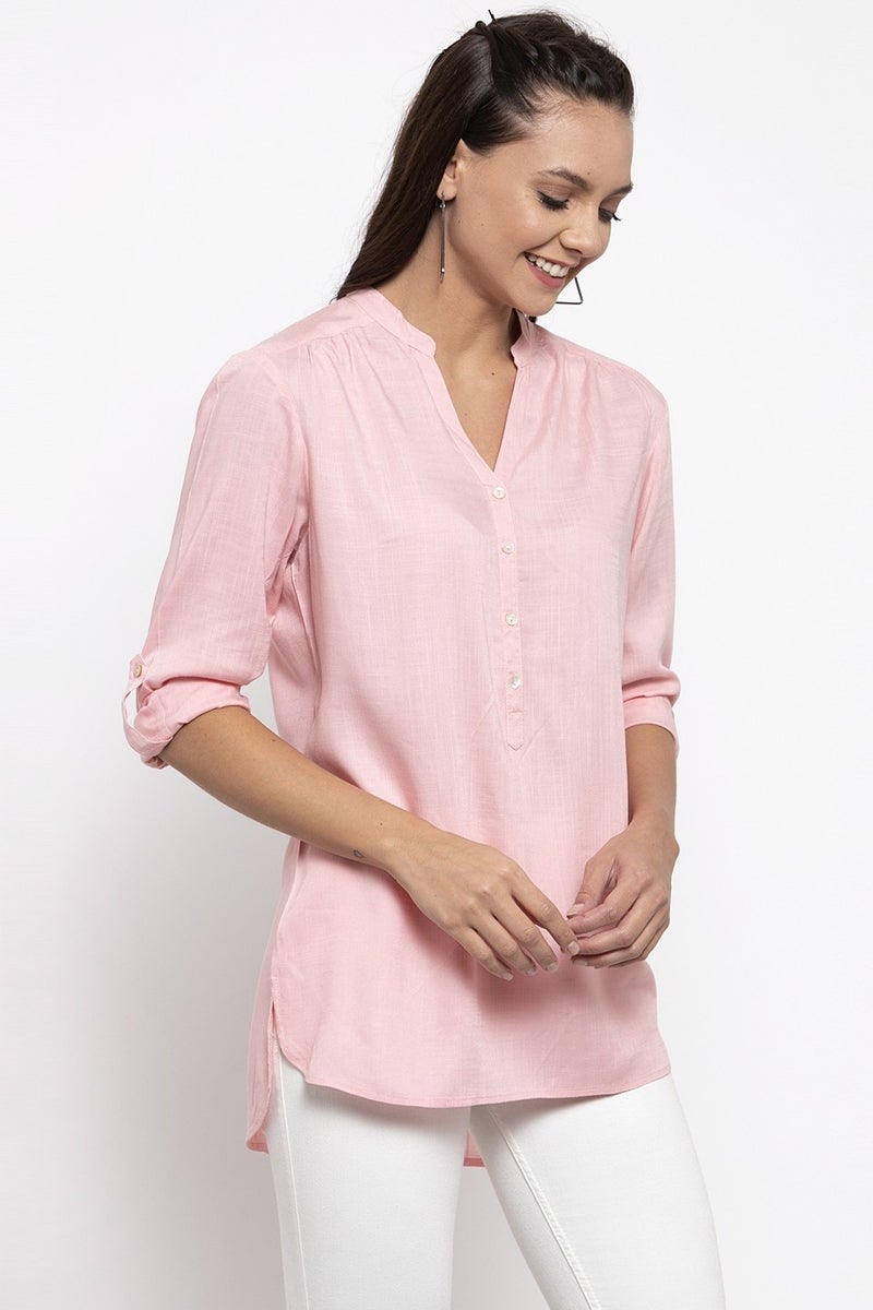 Gipsy Women Linen V-Neck Pink Tunic