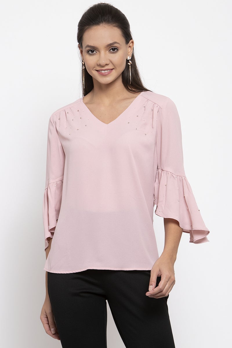 Gipsy Women V-Neck Three-Quarter Sleeves Solid Dusky Pink Color Tops