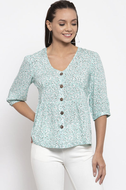 Gipsy Women V-Neck Three-Quarter Sleeves Self Design Sage Color Tops