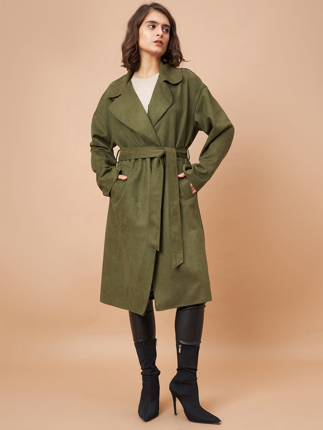 Gipsy Women Lapel Collar Straight Full Sleeve Suede Fabric Olive Coat