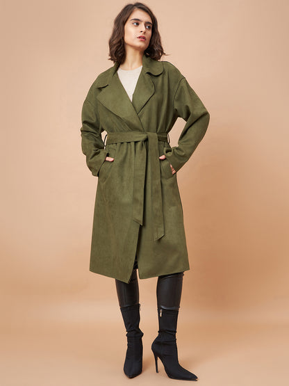 Gipsy Women Lapel Collar Straight Full Sleeve Suede Fabric Olive Coat