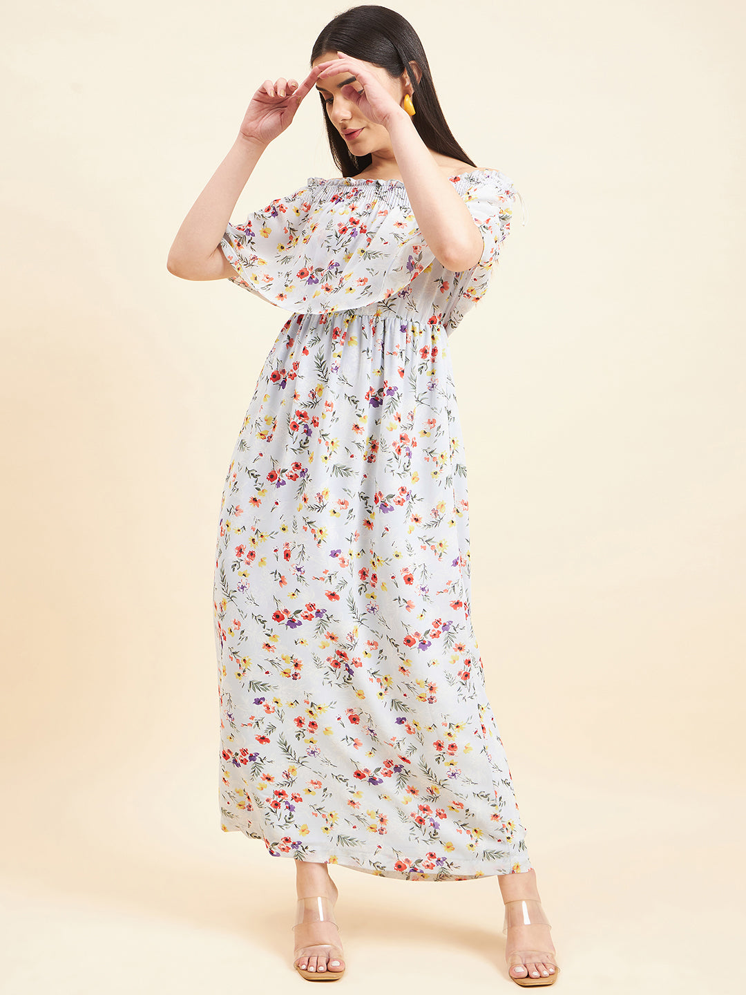 Gipsy Women Print Frill Polyester Maxi Lt Blue Dress