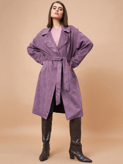 Gipsy Women Lapel Collar Straight Full Sleeve Suede Fabric Purple Coat