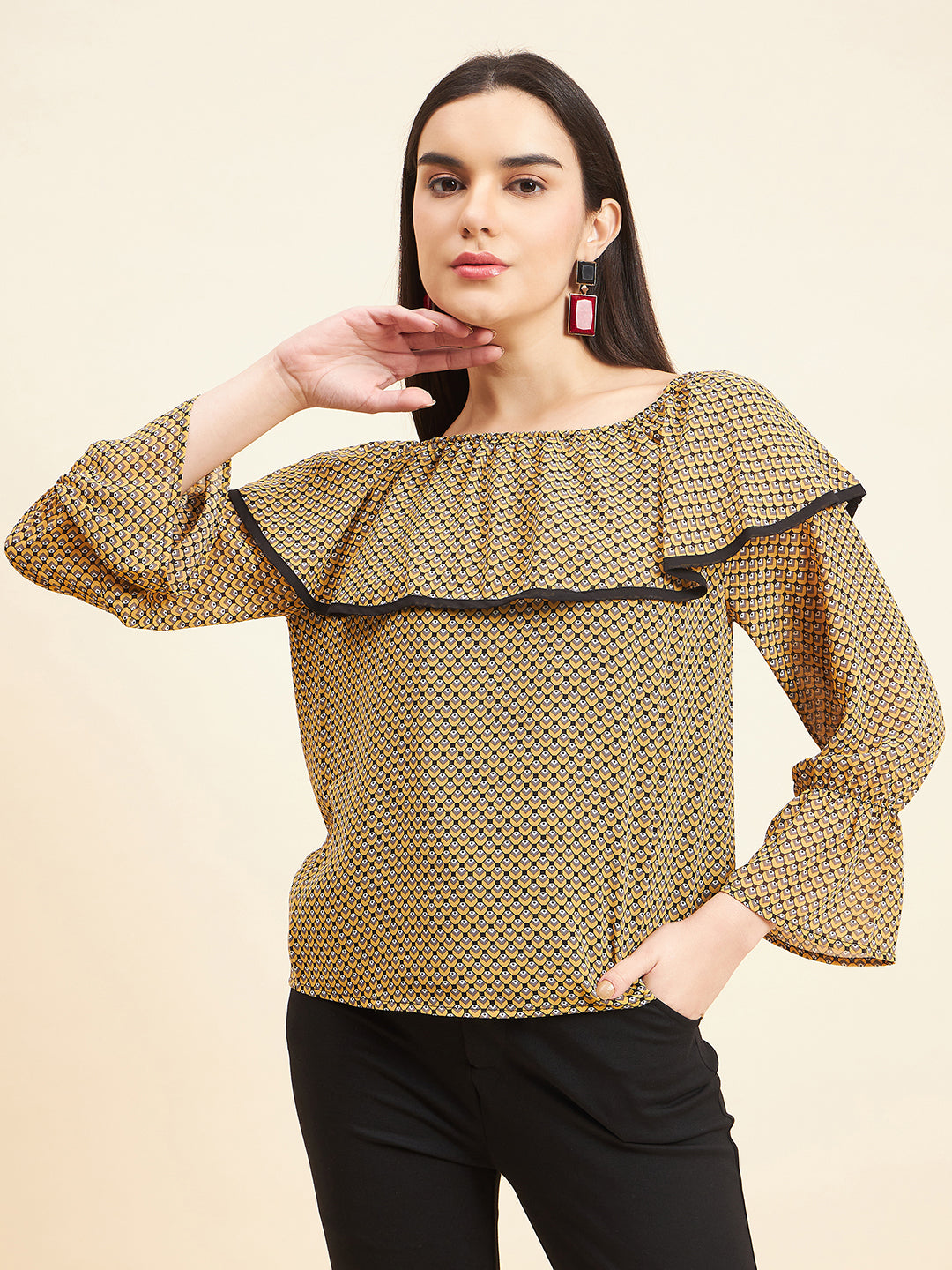 Gipsy Women Print Frill Polyester Mustard Top