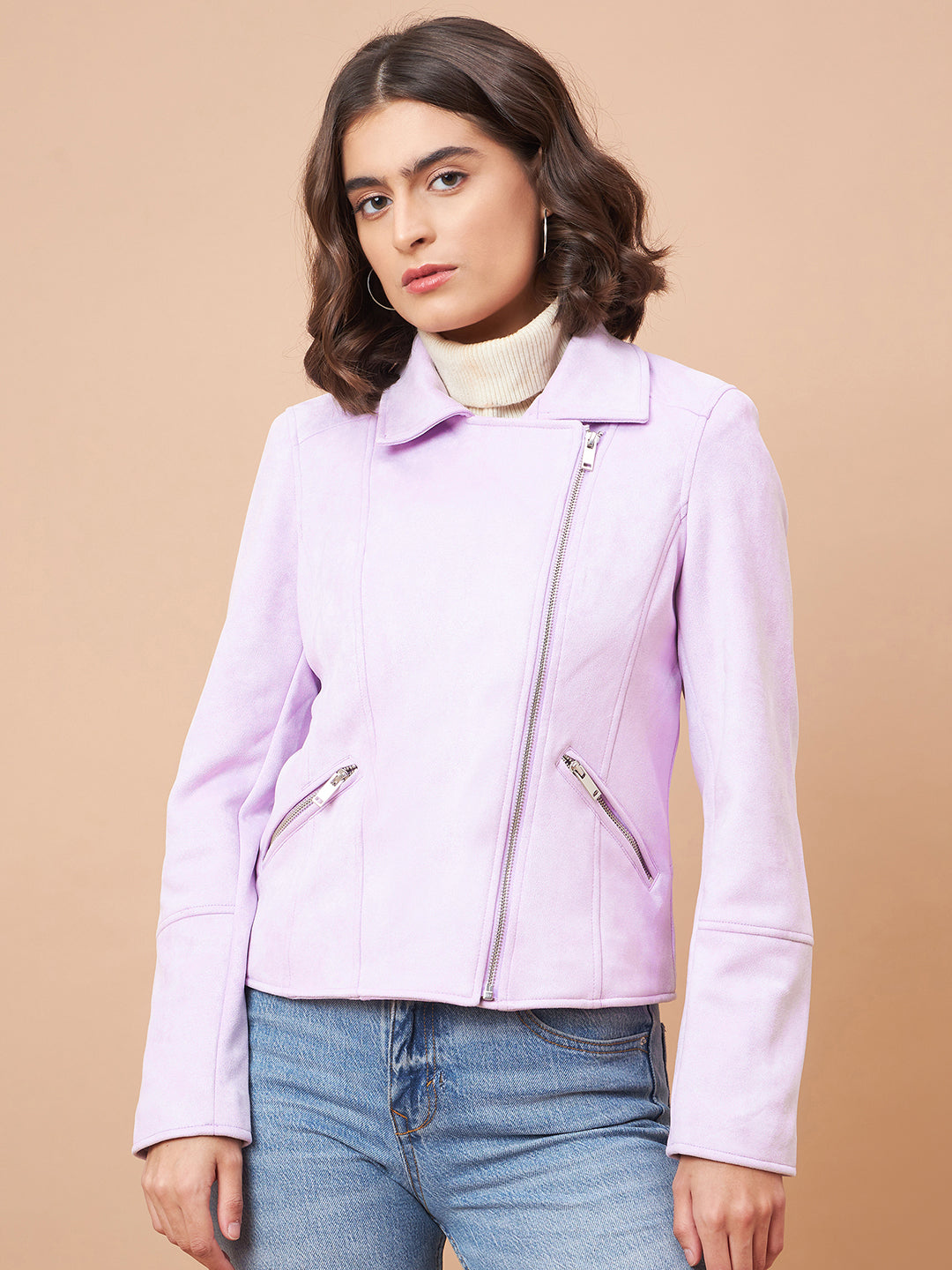 Gipsy Women Spread Collar Short Full Sleeves Suede Fabric Lavender Jackets