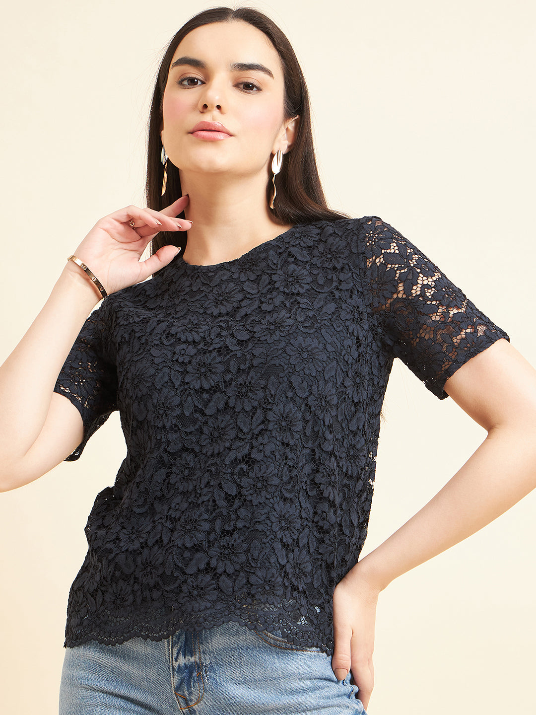 Gipsy Women Solid Polyester Navy Top