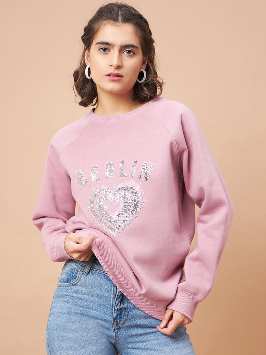 Gipsy Women Round Neck Straight Full Sleeve Polyester Fabric Pink Sweatshirt