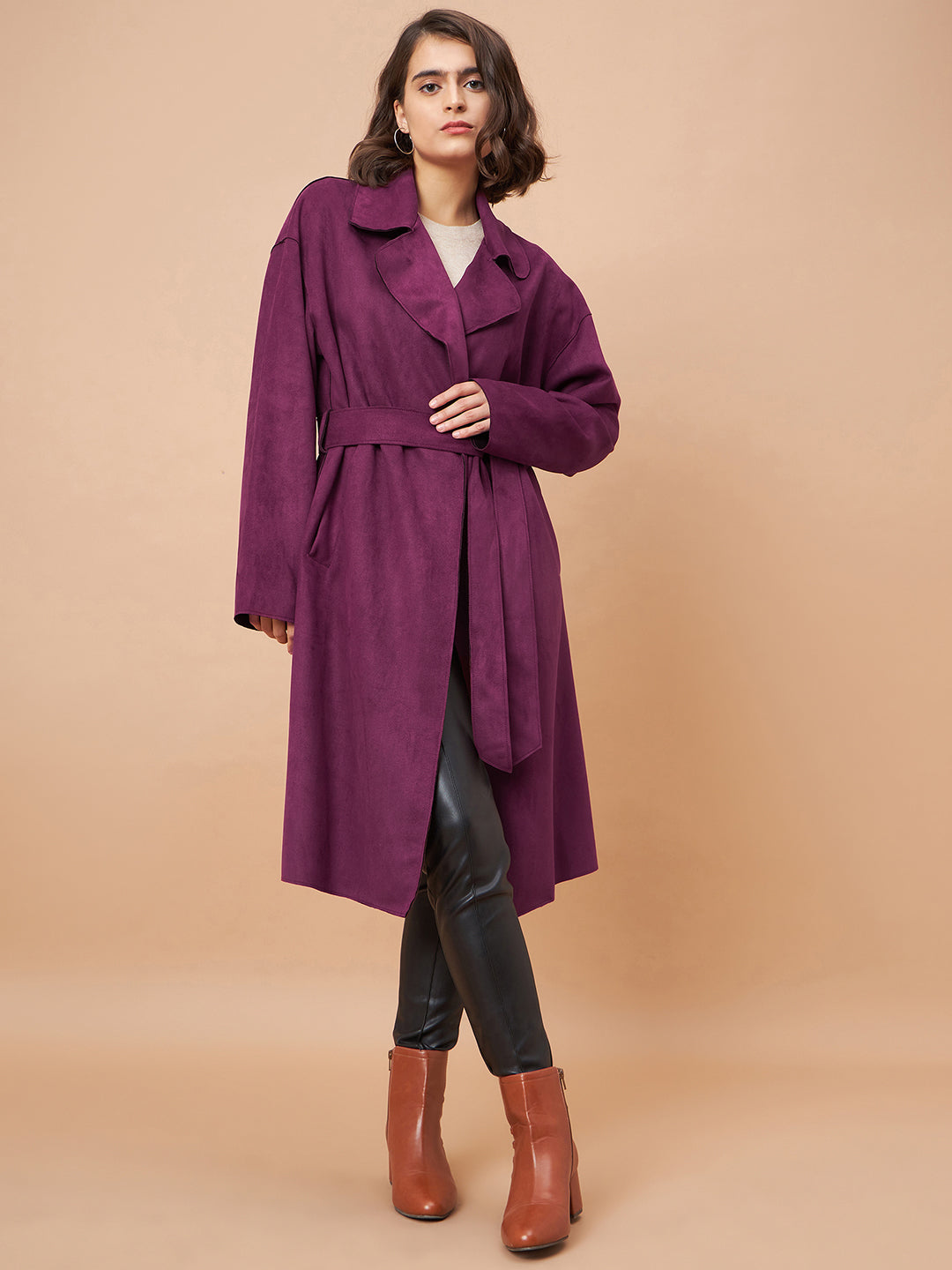 Gipsy Women Lapel Collar Straight Full Sleeve Suede Fabric Wine Coat
