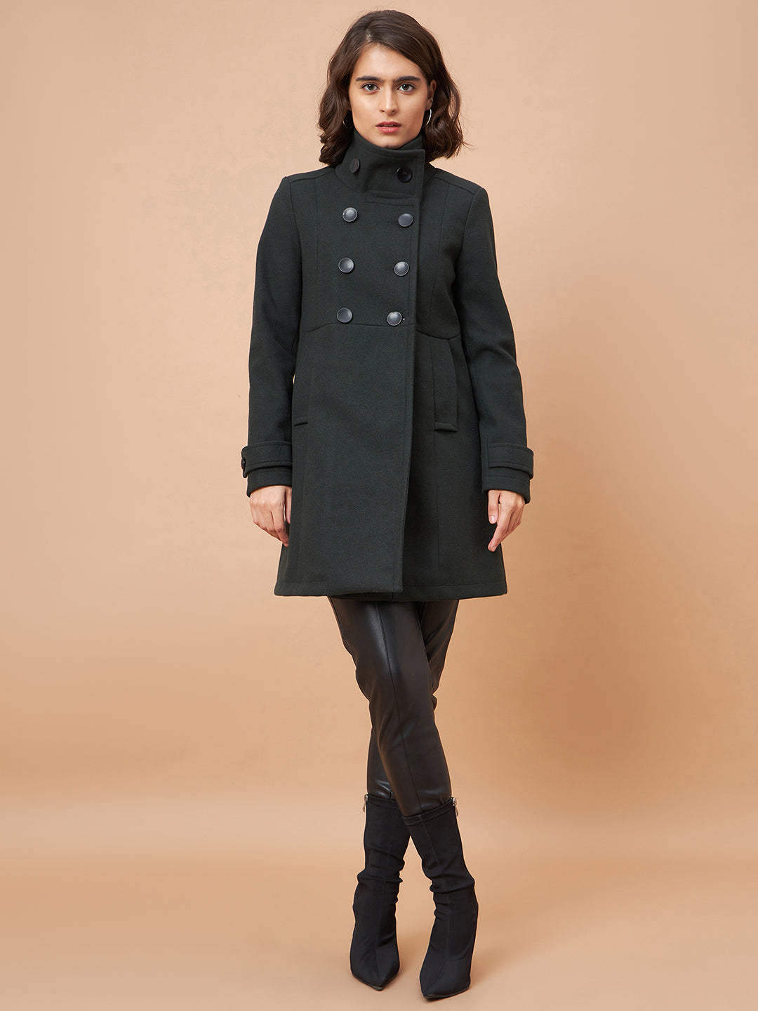 Gipsy Women Funnel Collar Straight Full Sleeve Synthetics Fabric Olive Coat