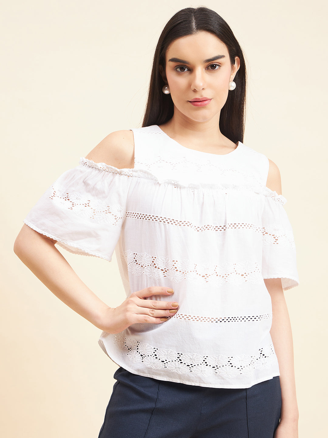 Gipsy Women Solid Lace Cotton White Top