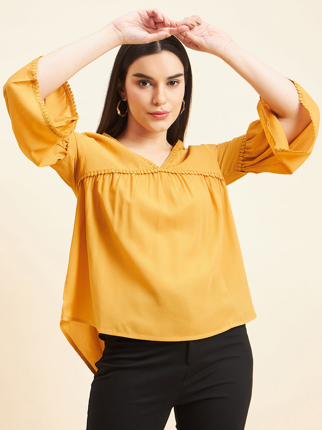 Gipsy Women Solid Lace Polyester Mustard Top