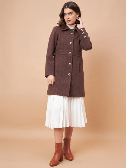 Gipsy Women Flat Collar Straight Full Sleeve Synthetics Fabric Choco Coat