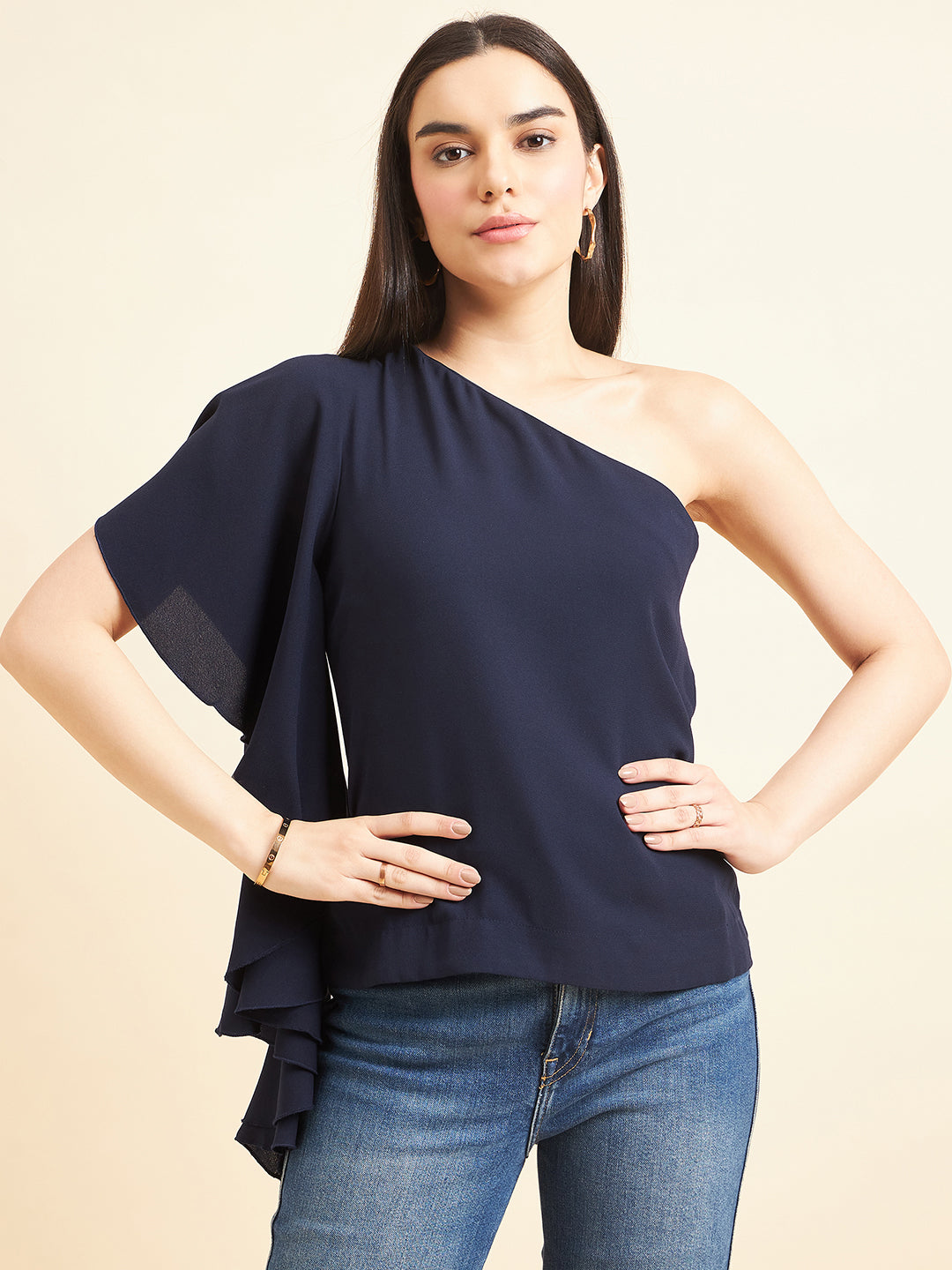 Gipsy Women Solid Polyester Navy Top