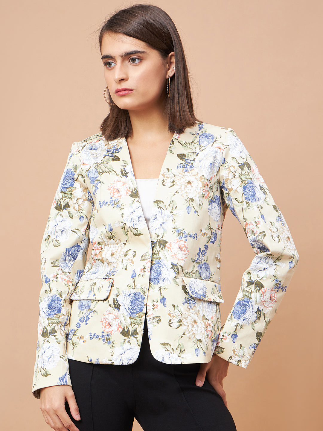Gipsy Women V-Neck Straight Full Sleeve Cotton Fabric Beige Floral Coat