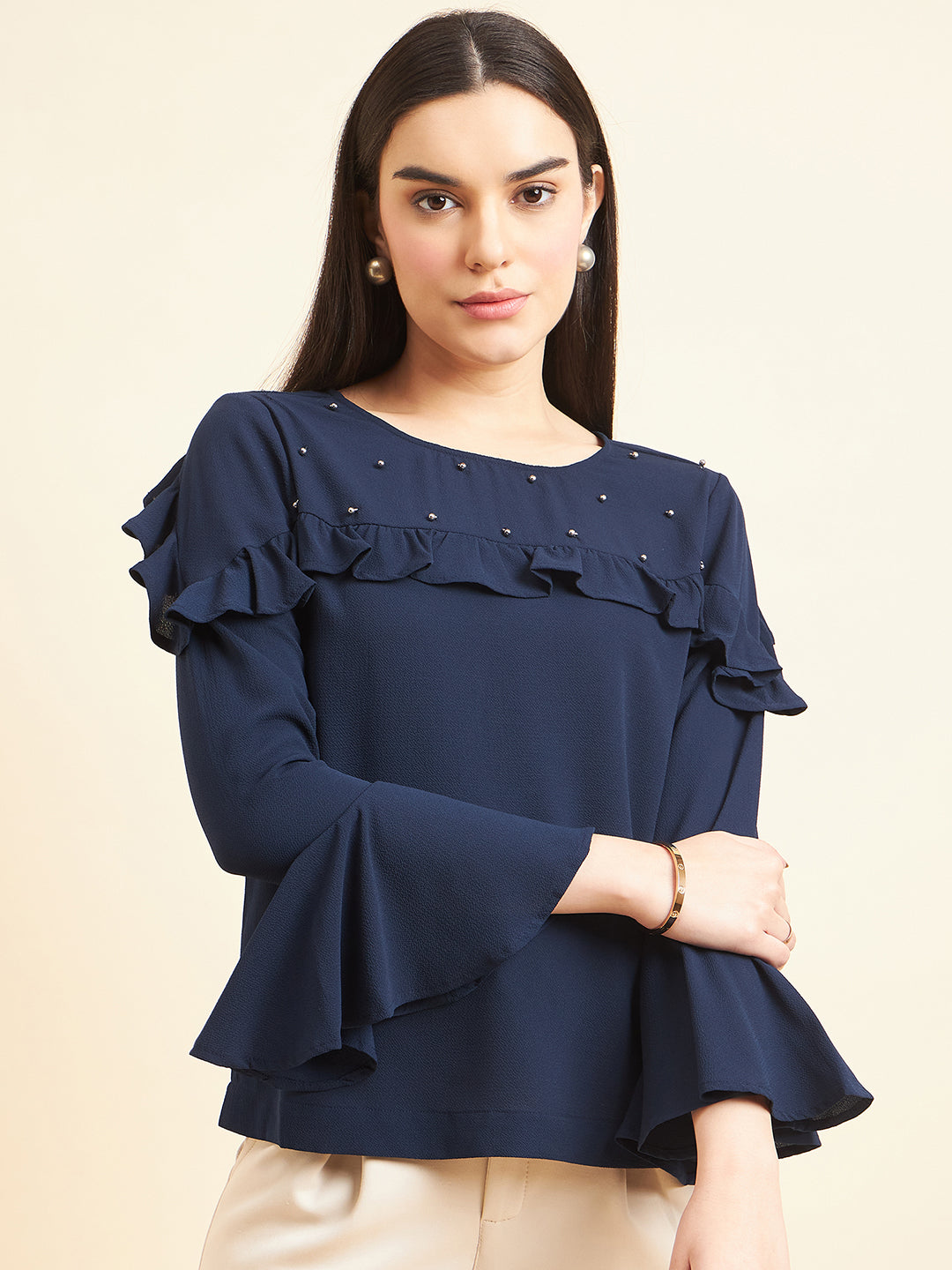 Gipsy Women Solid Embellishment Polyester Navy Top